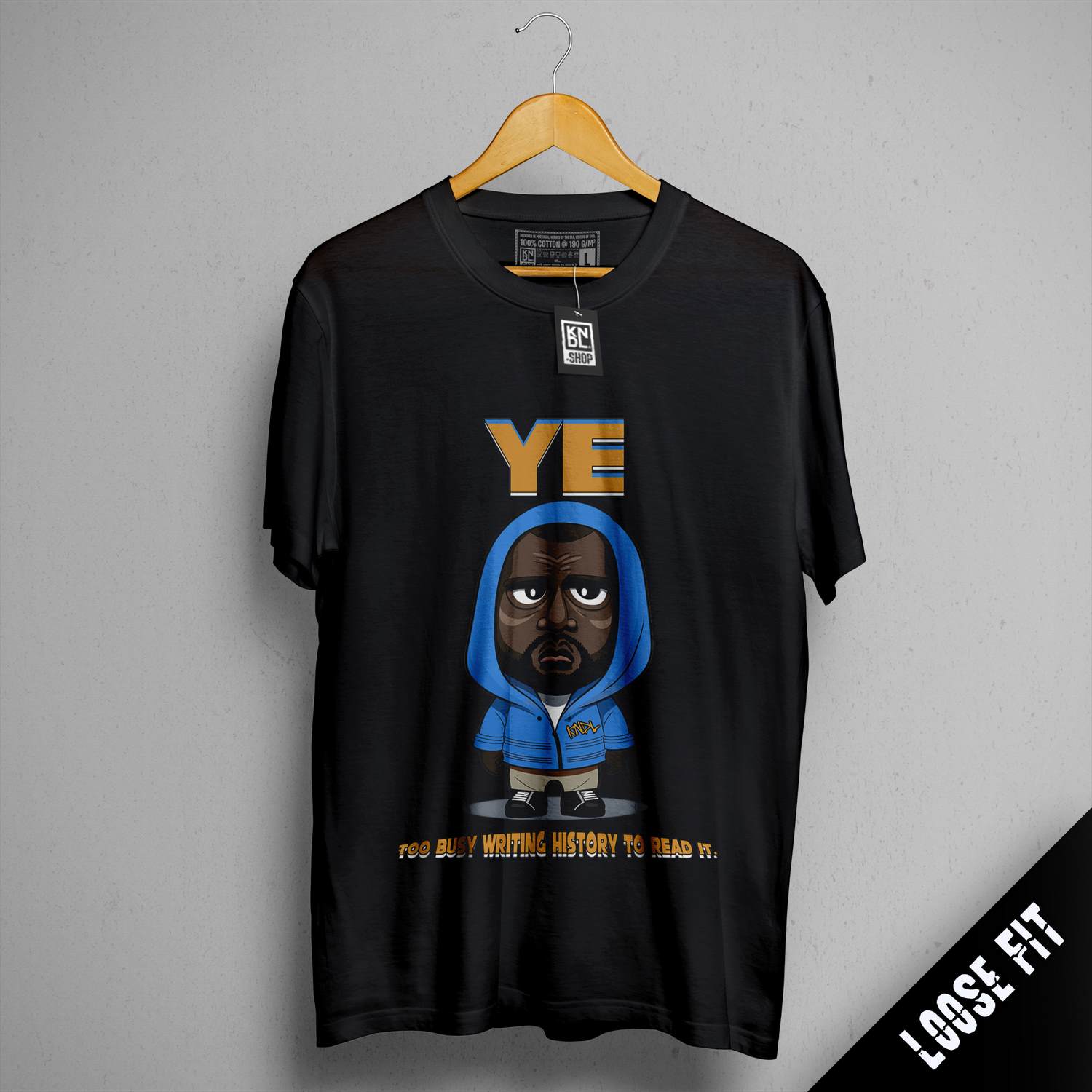 a t - shirt with a picture of a black man wearing a blue hoodie