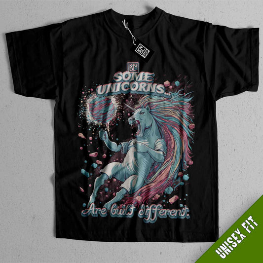 a black t - shirt with a unicorn on it