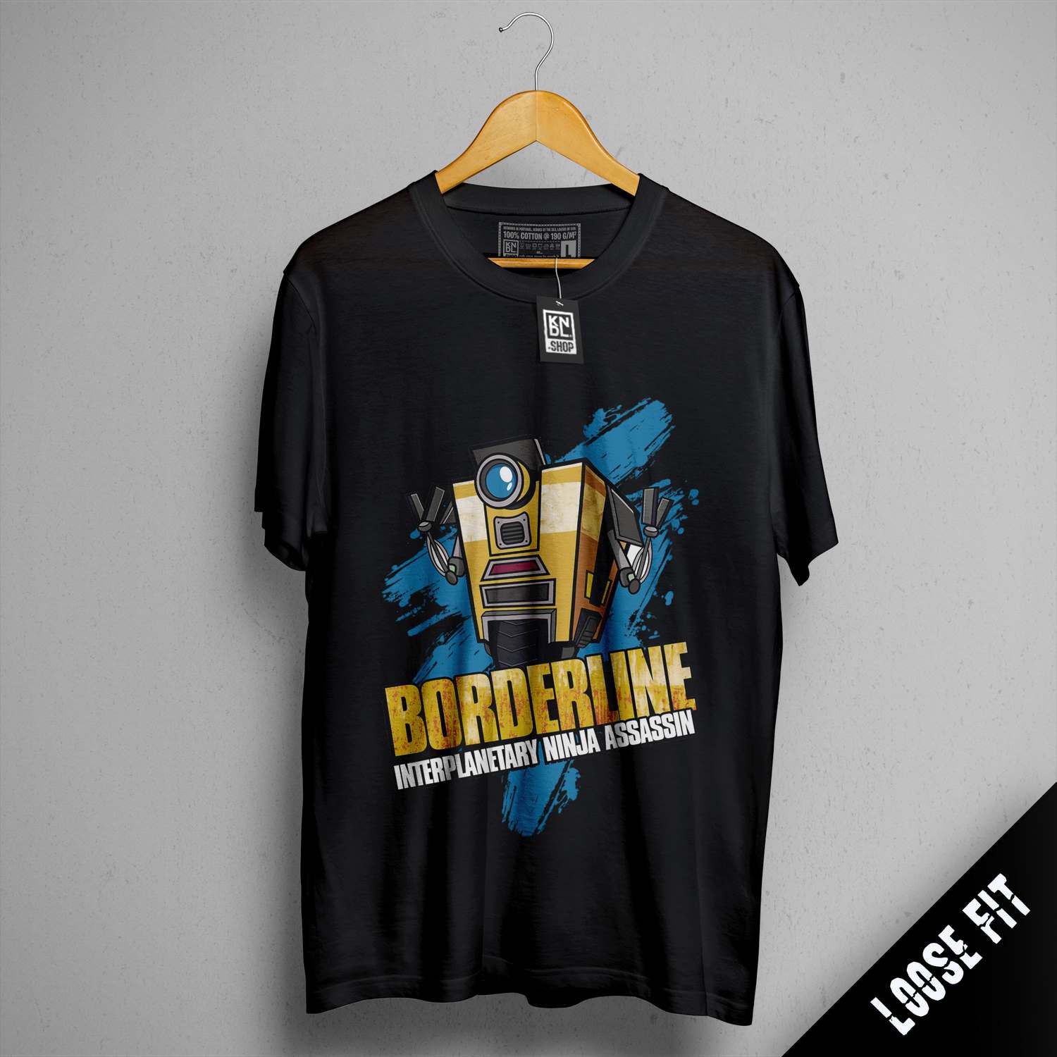 a black shirt with a yellow and blue robot on it