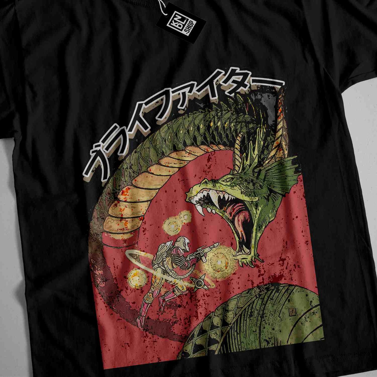 a black t - shirt with an image of a dragon attacking a man