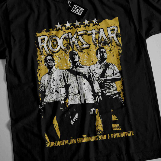 a black t - shirt with a picture of three men on it