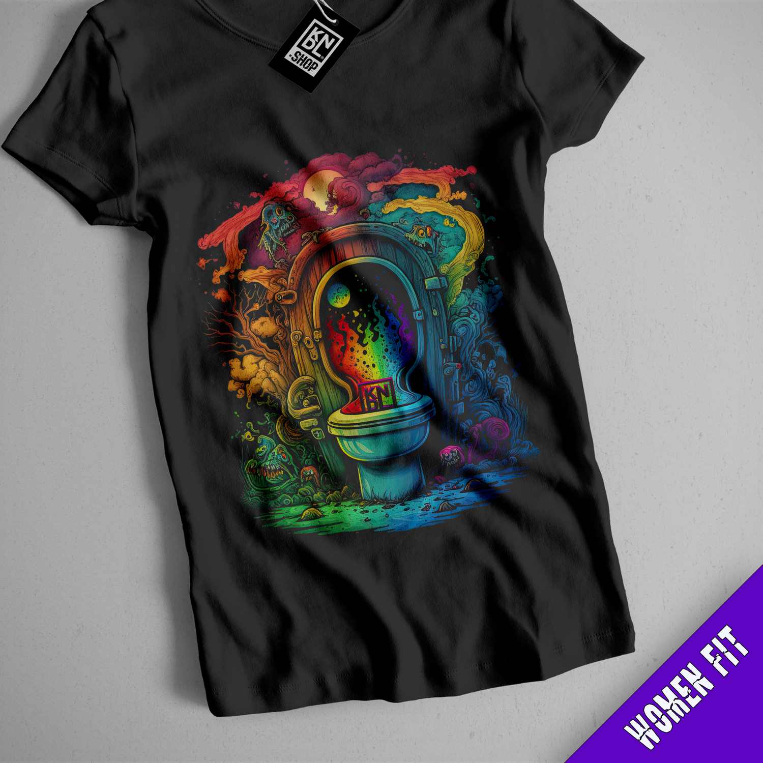 a t - shirt with an image of a toilet and a rainbow waterfall