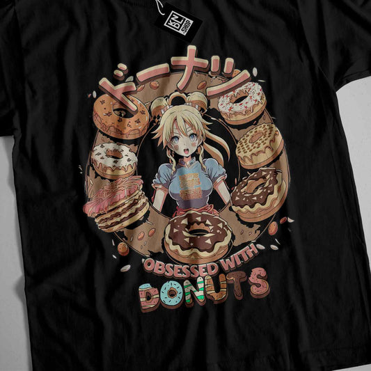 a t - shirt with a picture of a girl surrounded by donuts