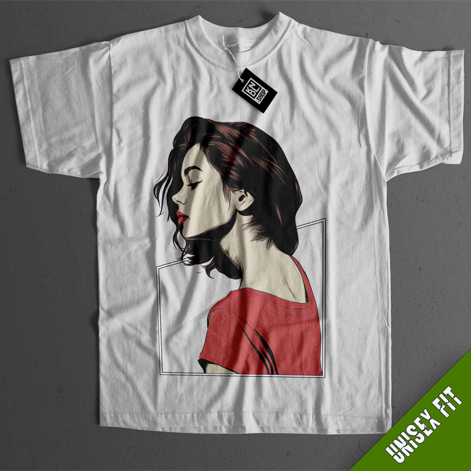 a white t - shirt with a picture of a woman's face