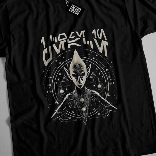 a black t - shirt with a picture of an alien on it