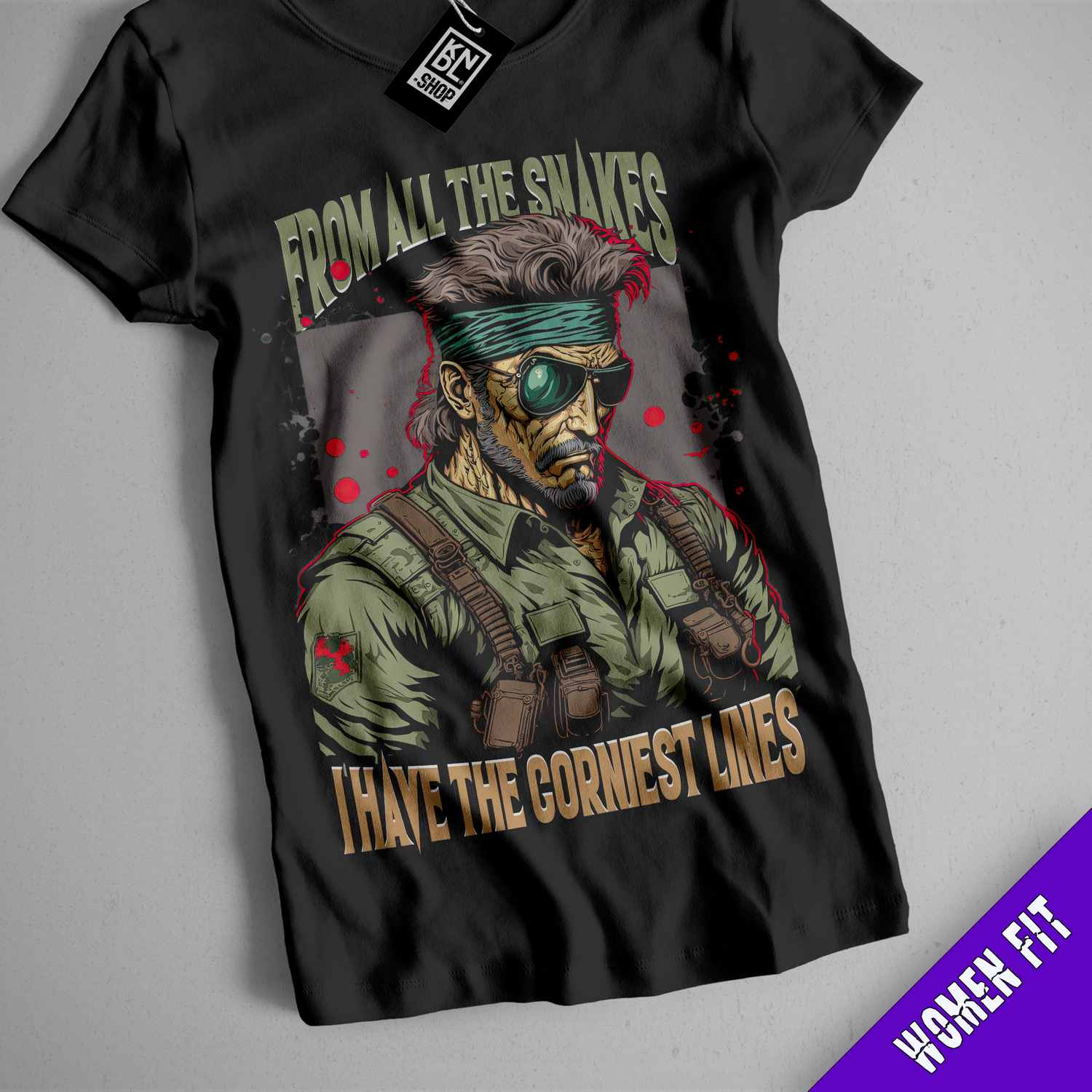 a black shirt with an image of a soldier wearing goggles