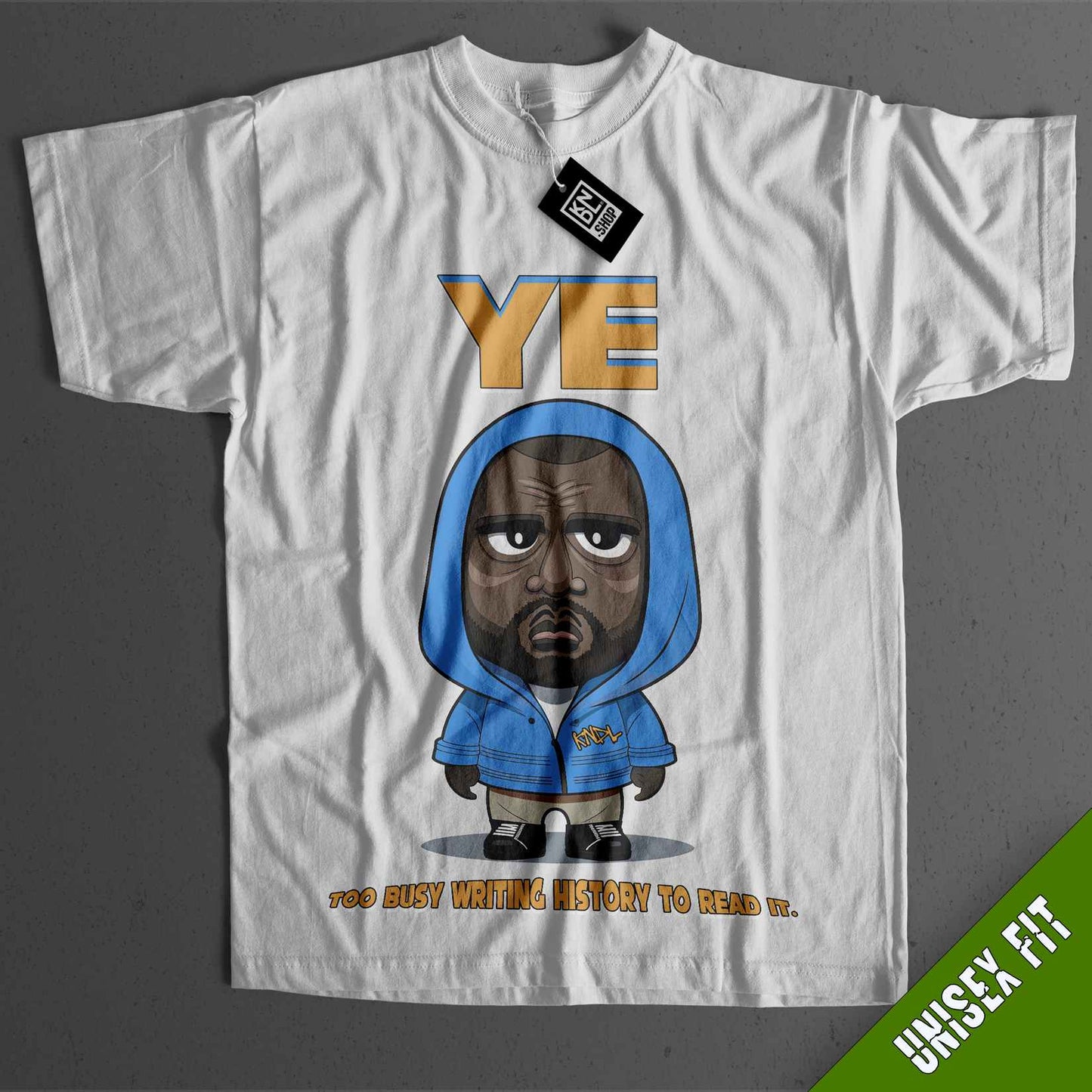 a white t - shirt with a picture of a black man wearing a blue jacket