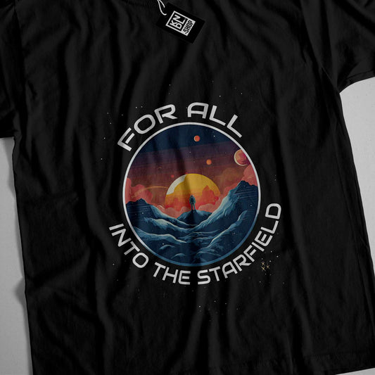 a black t - shirt with the words for all to the starfield on it