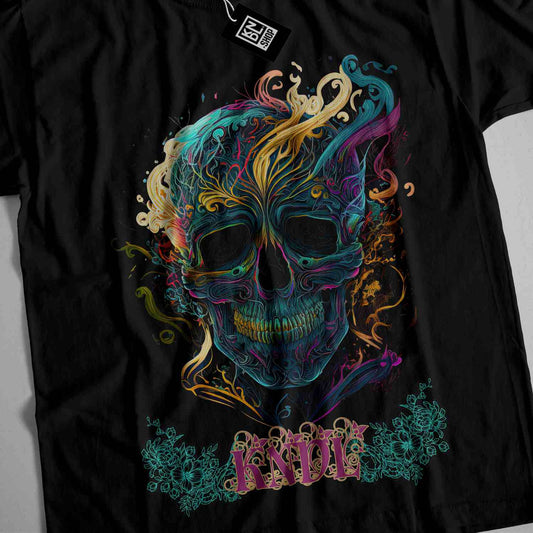 a black t - shirt with a colorful skull on it