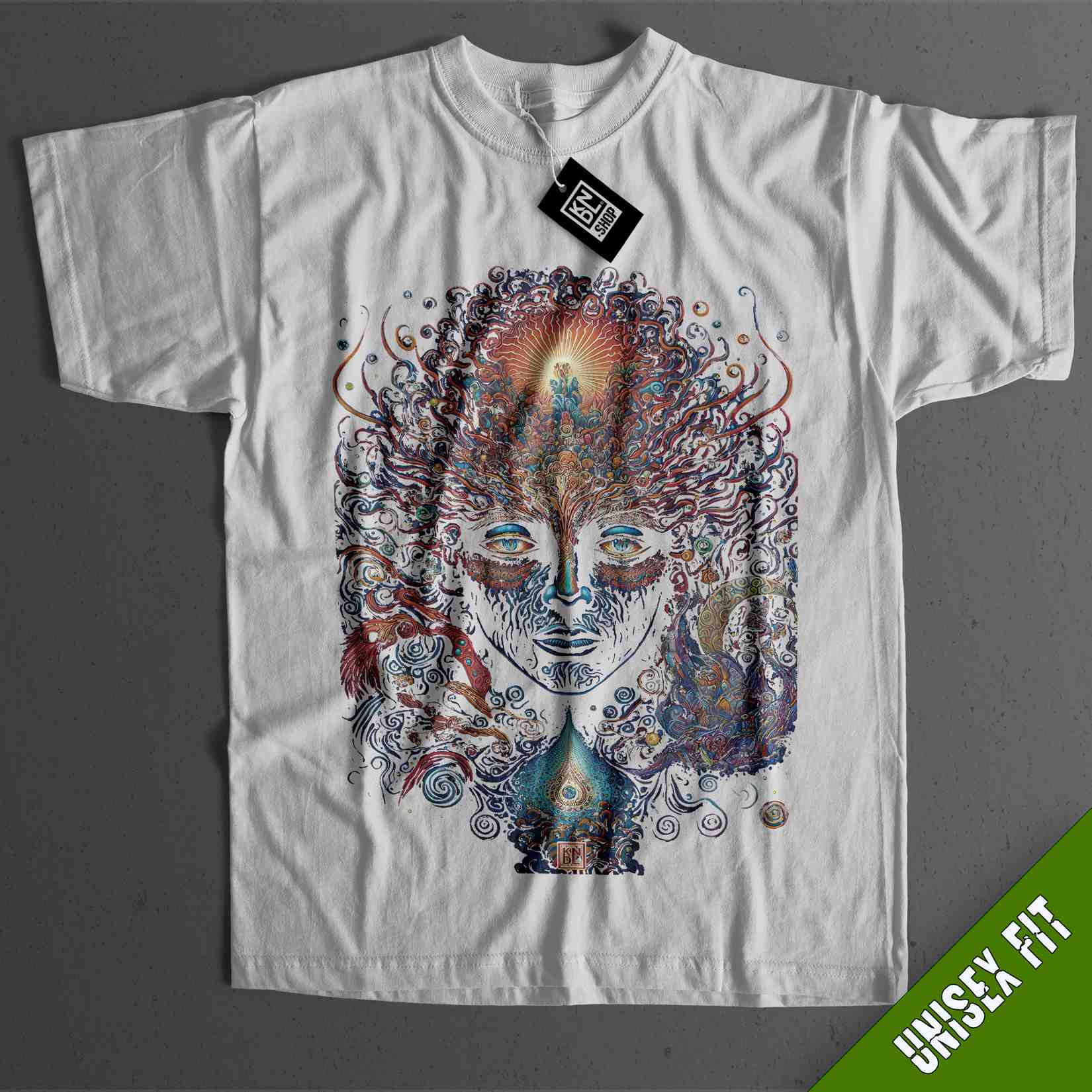a white t - shirt with an image of a woman's face