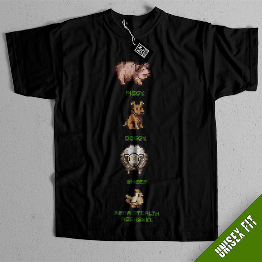 a black t - shirt with four different animals on it