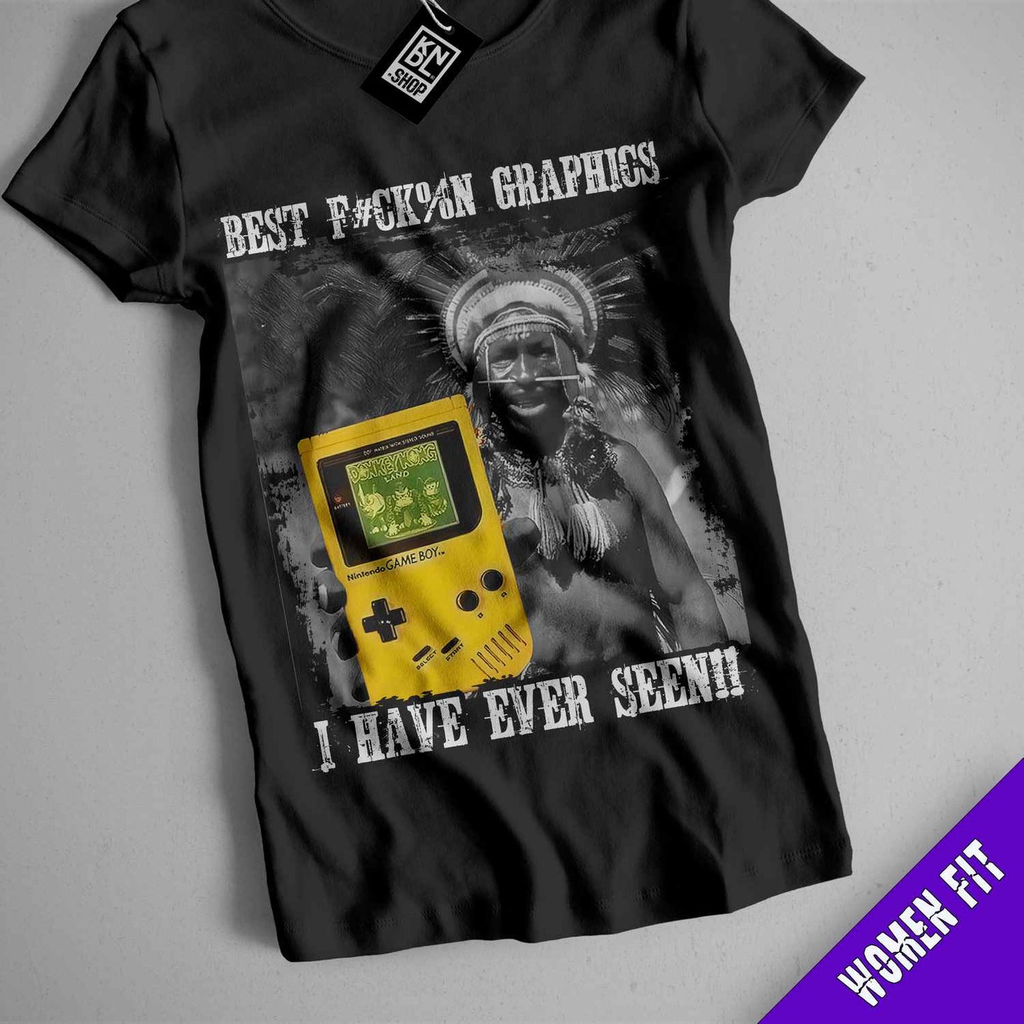 a black shirt with a yellow game boy on it