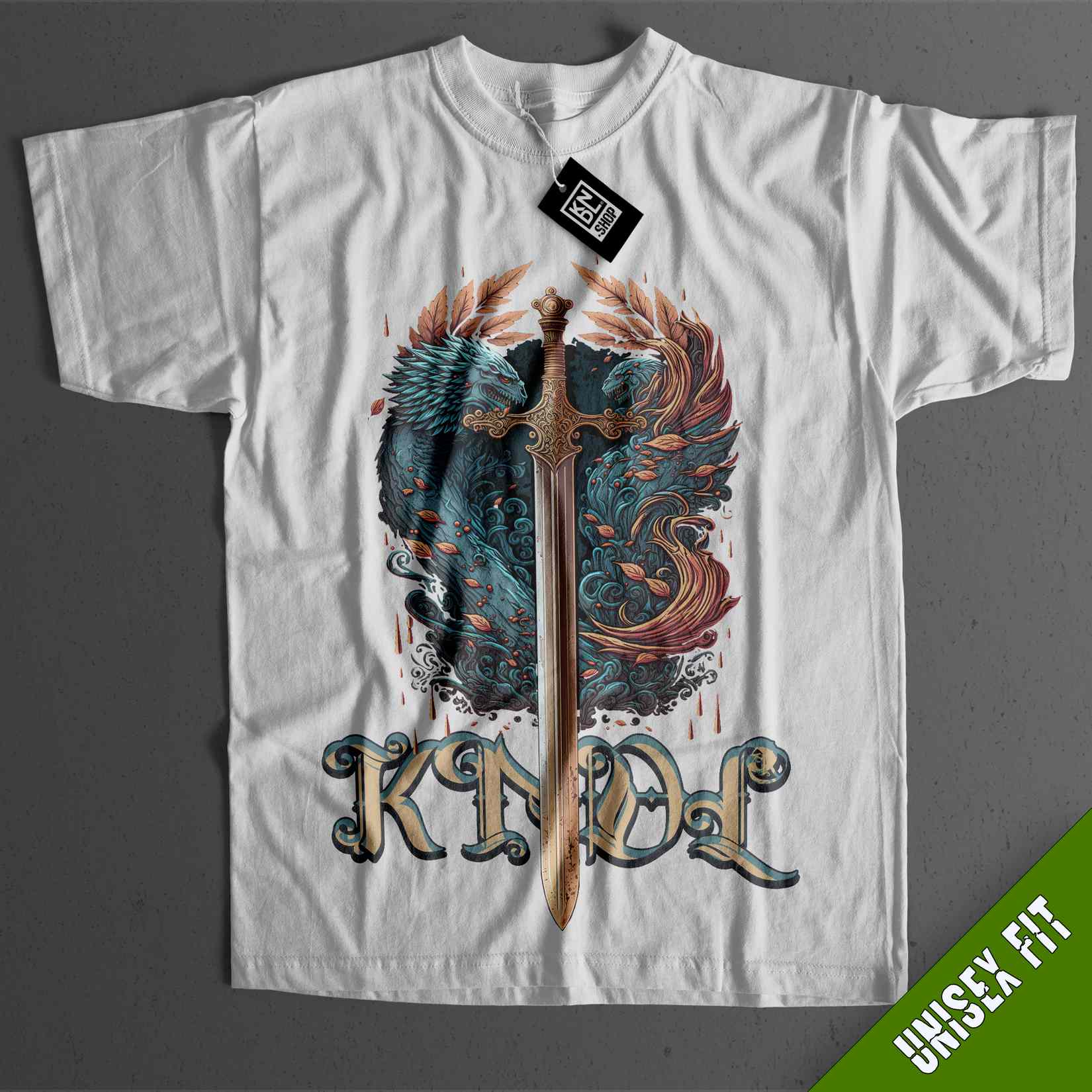 a white t - shirt with a sword on it