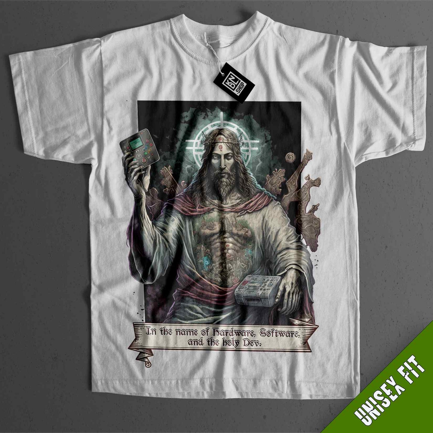a t - shirt with a picture of jesus on it