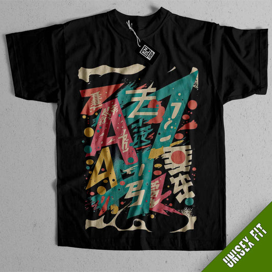 a black t - shirt with a colorful design on it