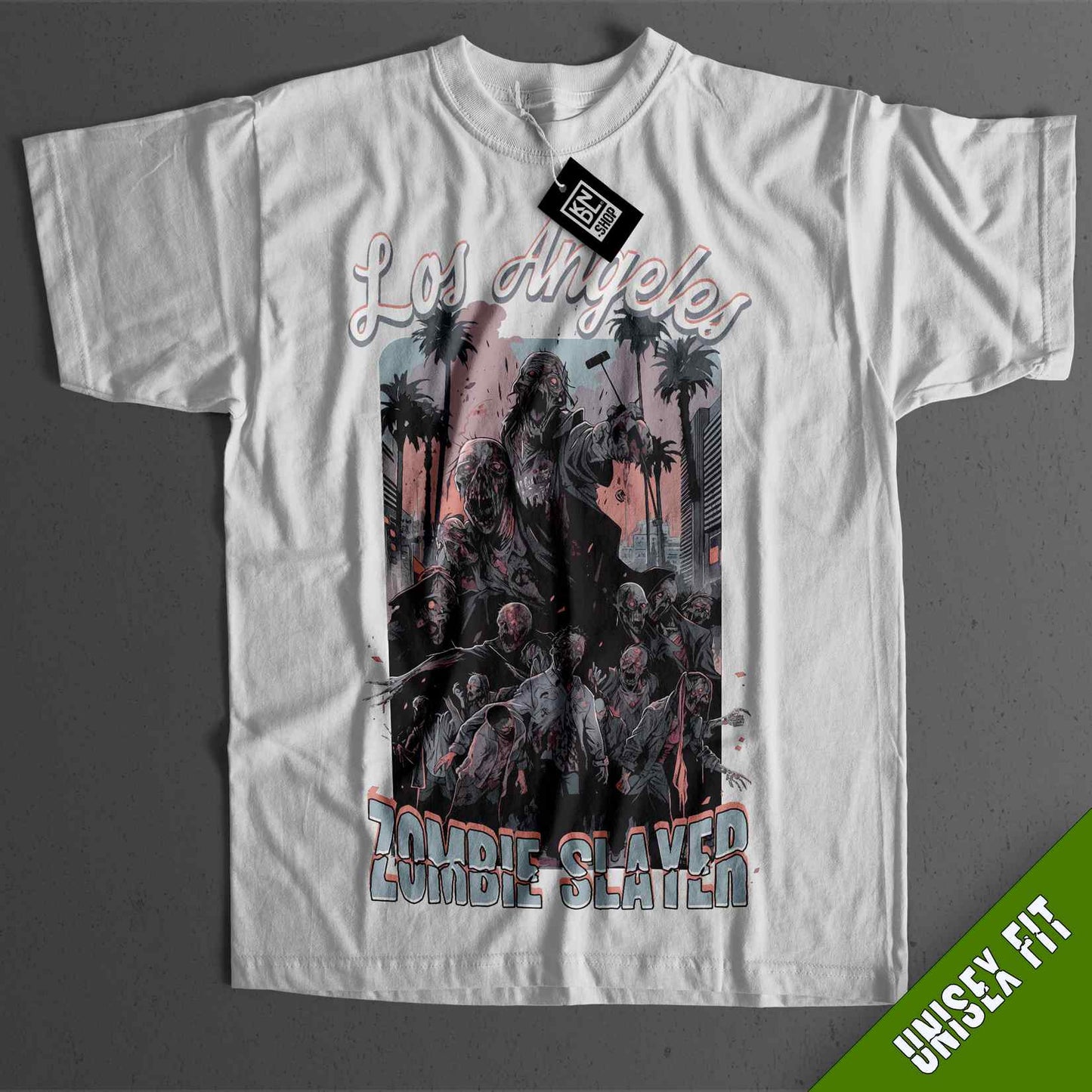 a white t - shirt with a picture of zombies on it