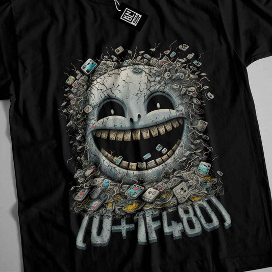 a black t - shirt with an image of a smiling face