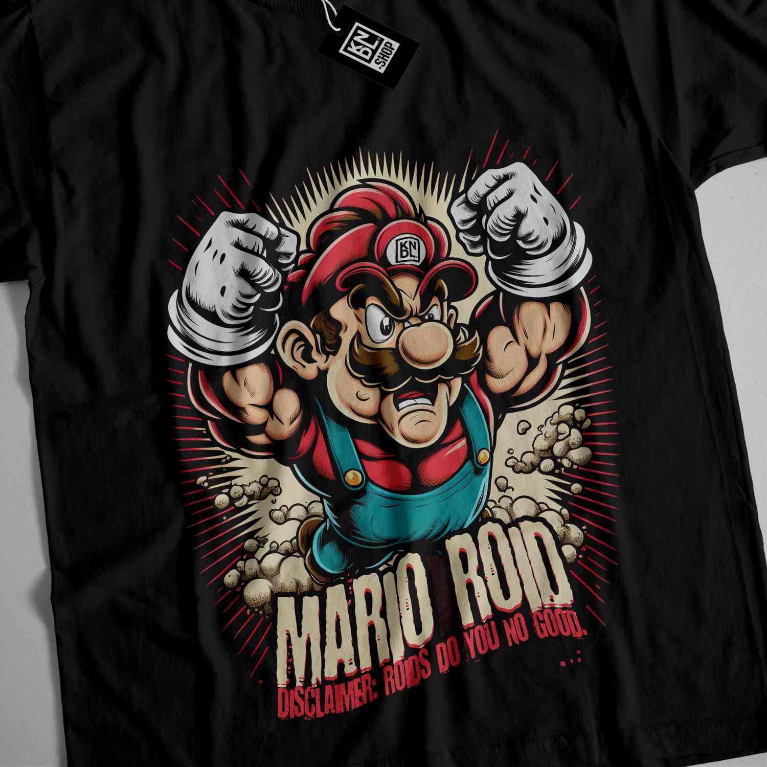 a black t - shirt with an image of a mario bros character