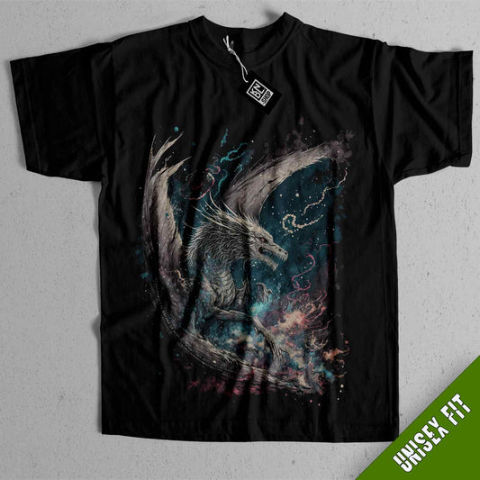 a black t - shirt with a white dragon on it