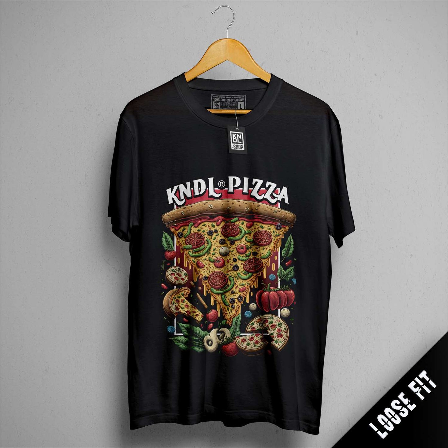 a black shirt with a picture of a pizza on it