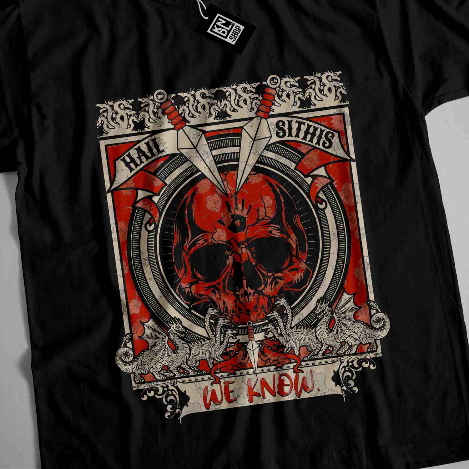a black shirt with a red skull on it