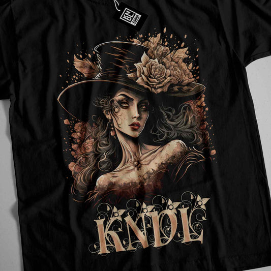 a black t - shirt with a picture of a woman wearing a hat