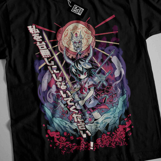 a black t - shirt with a picture of a person holding two swords