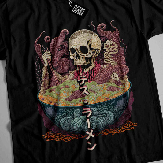 a t - shirt with a skeleton eating noodles in a bowl