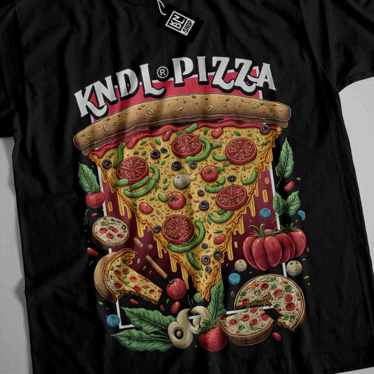 a black shirt with a picture of a slice of pizza on it