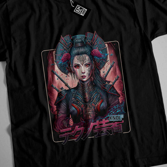 a black t - shirt with a picture of a geisha
