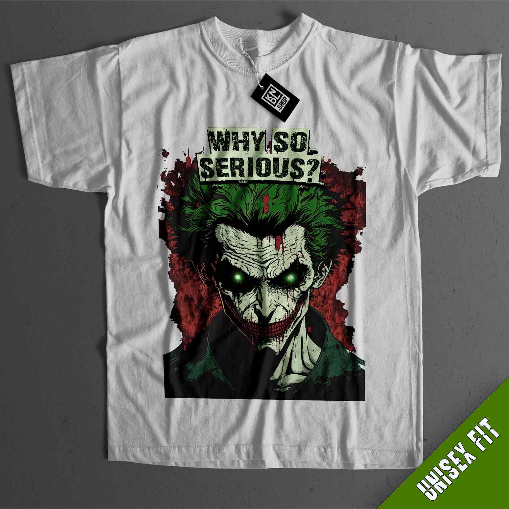 a white t - shirt with an image of the joker
