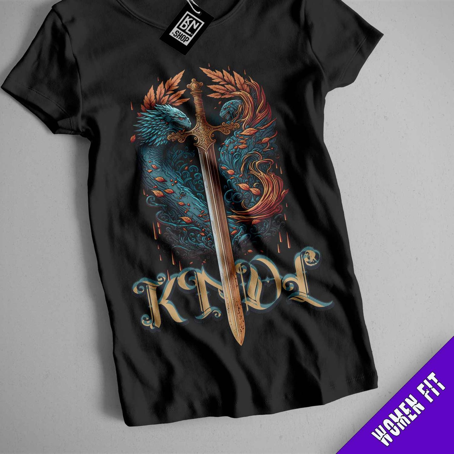 a t - shirt with a sword and a dragon on it