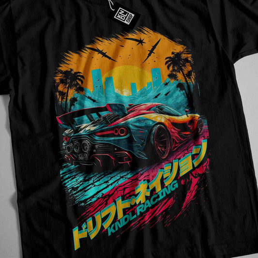 a black t - shirt with an image of a car on it