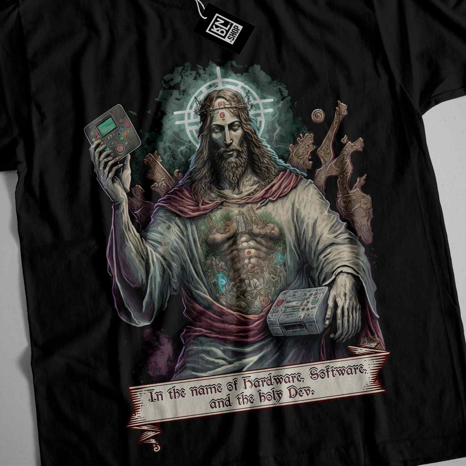 a black t - shirt with a picture of jesus holding a cell phone