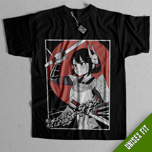 a black shirt with a picture of a woman holding two swords