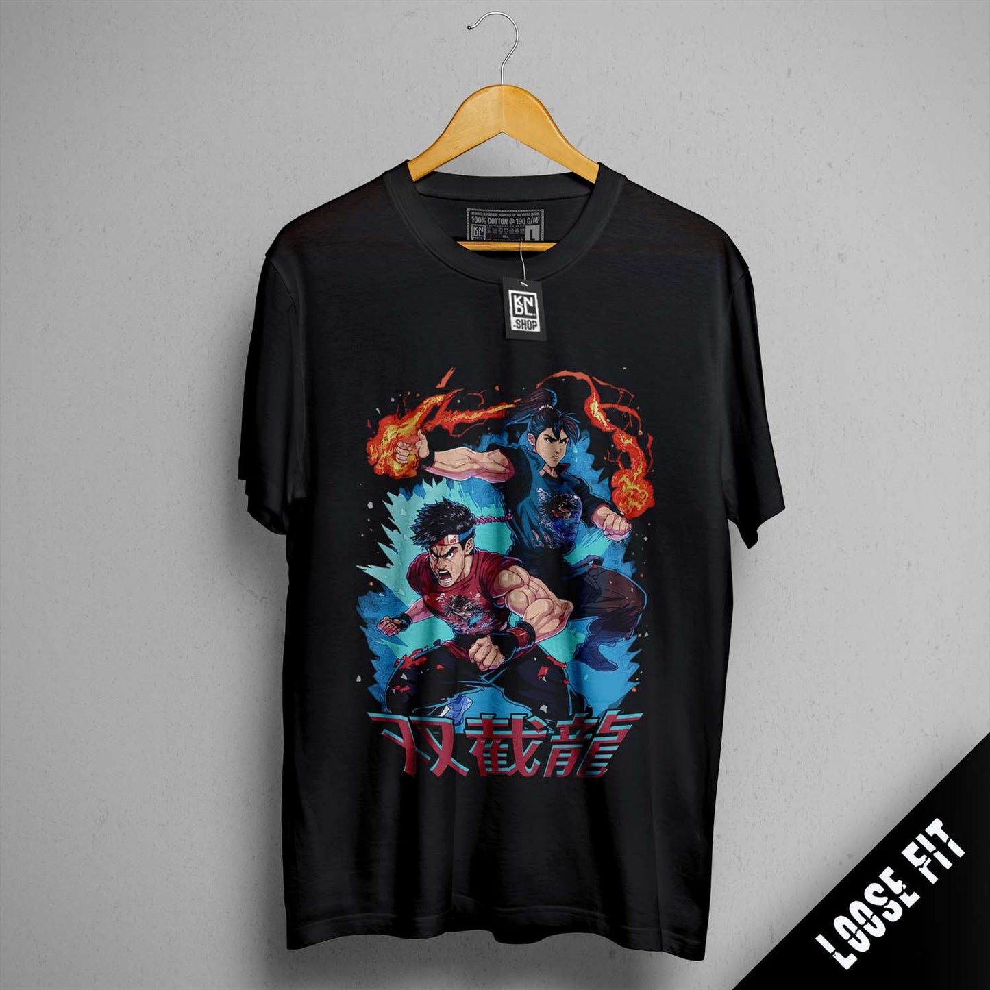 a black t - shirt with a picture of two anime characters on it