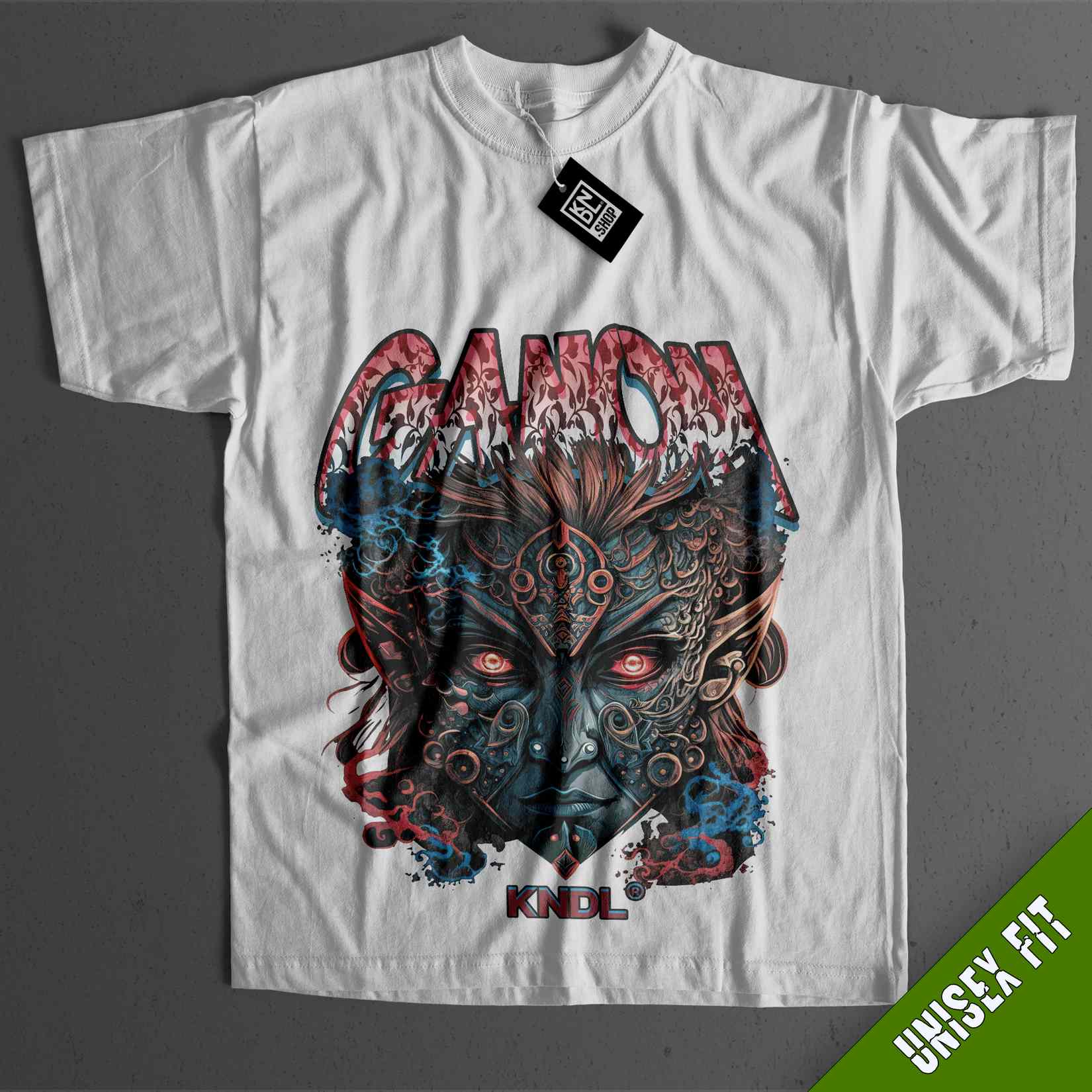 a white t - shirt with an image of a demon on it