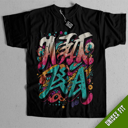 a black t - shirt with a colorful graffiti design on it
