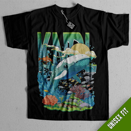 a black t - shirt with a picture of a whale in the ocean