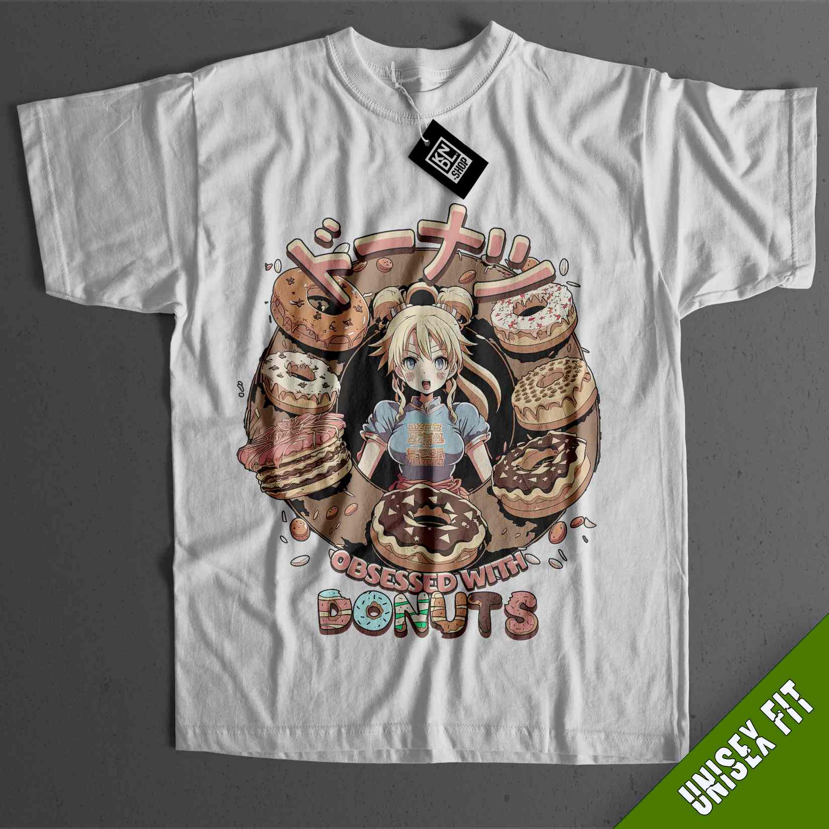 a t - shirt with a picture of a girl surrounded by donuts