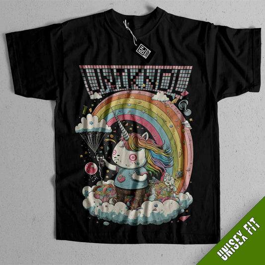 a black tshirt with a picture of a unicorn on it