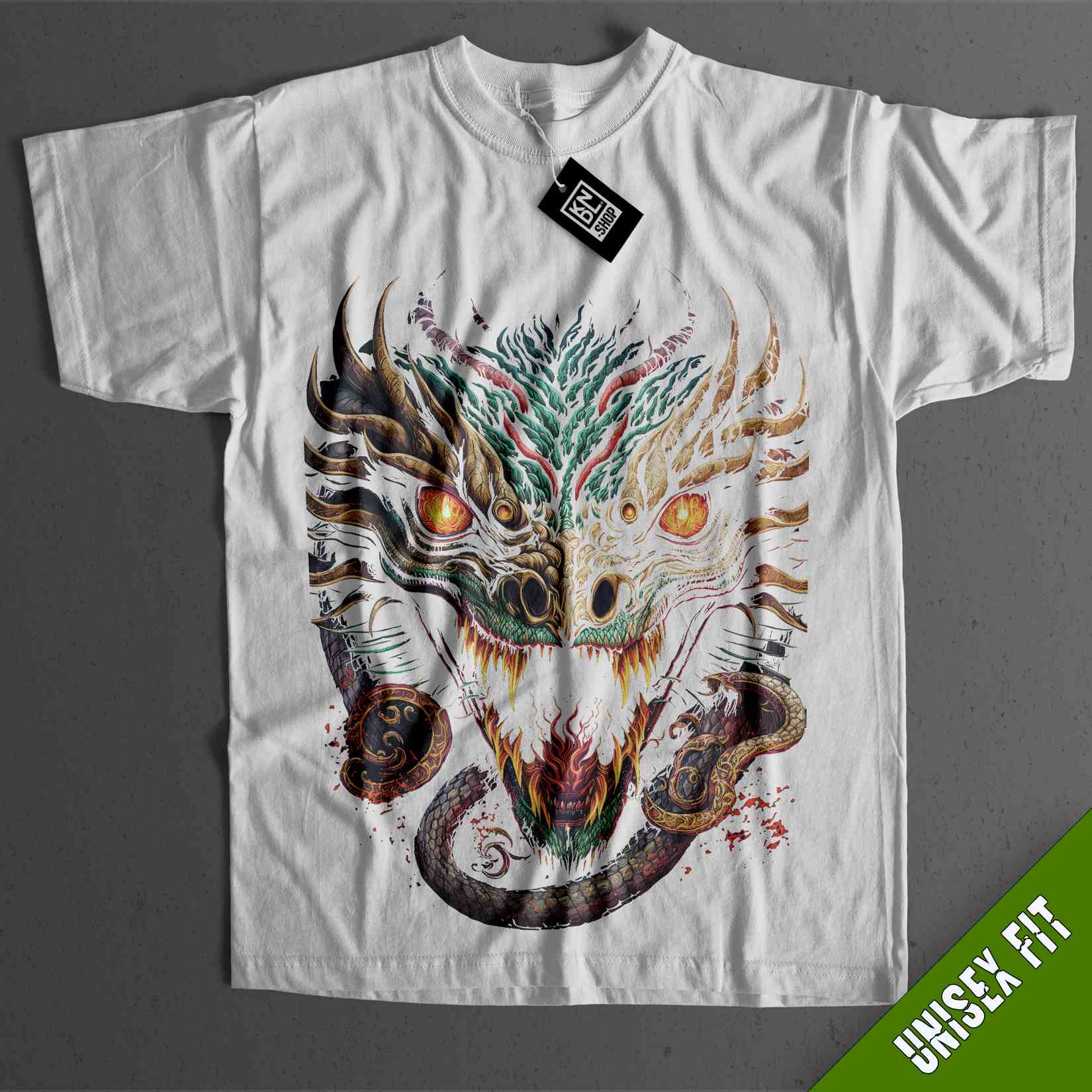 a white t - shirt with an image of a dragon on it