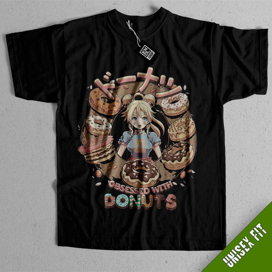 a black tshirt with a picture of a girl eating donuts