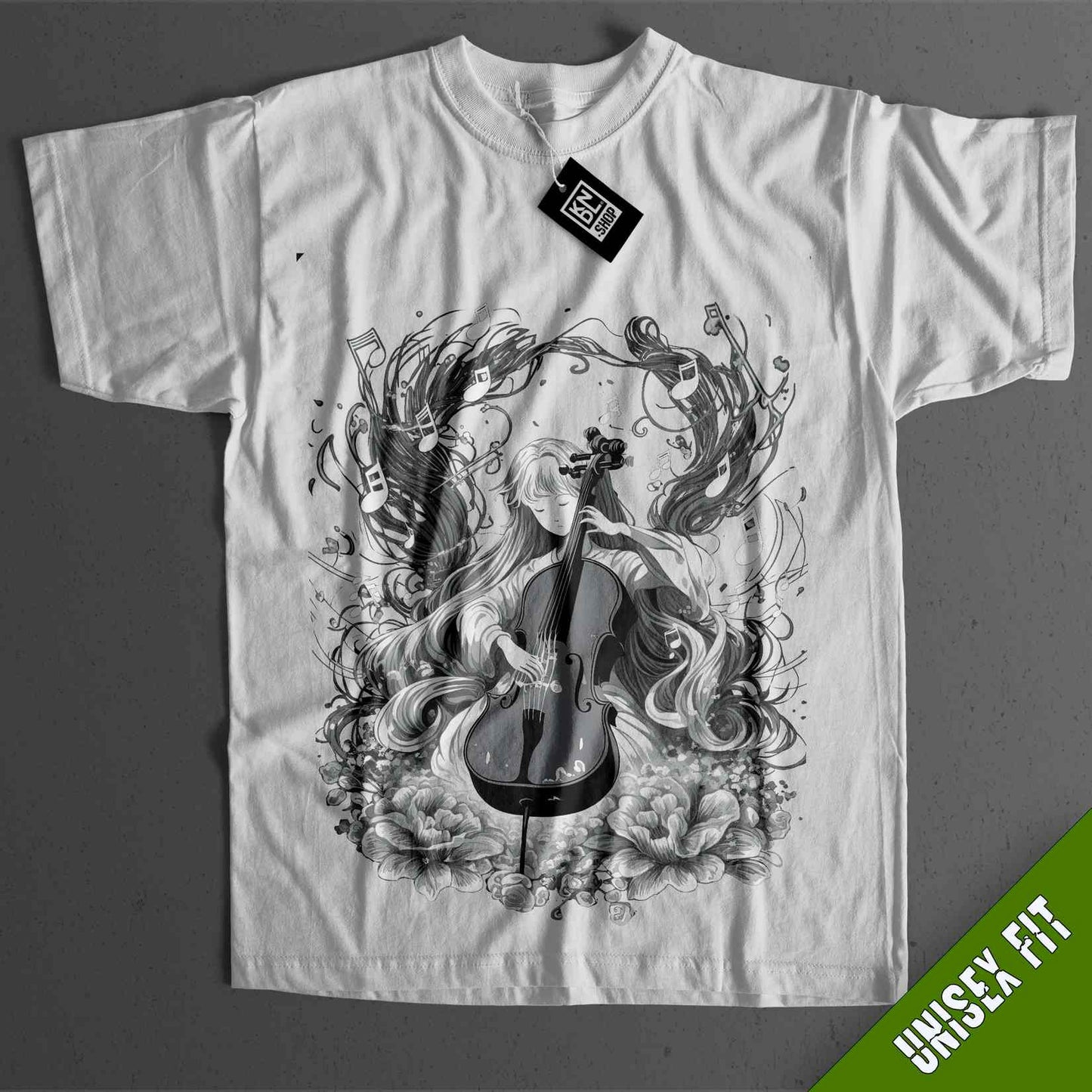 a white t - shirt with a violin on it