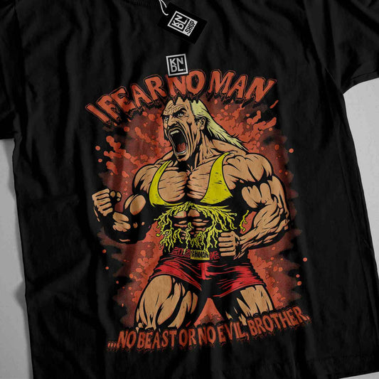 a black shirt with an image of a wrestler