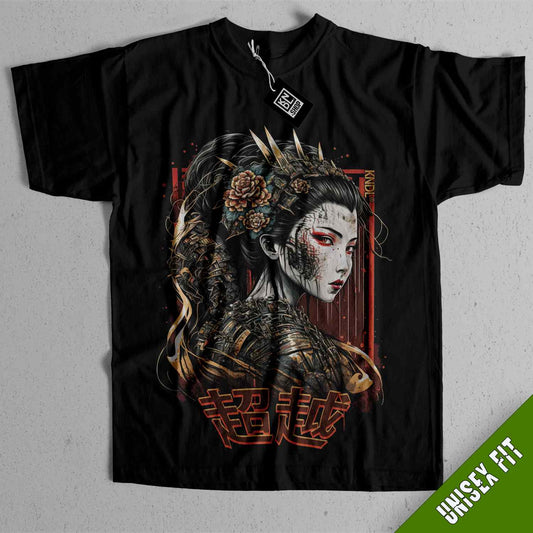 a black t - shirt with an image of a geisha on it