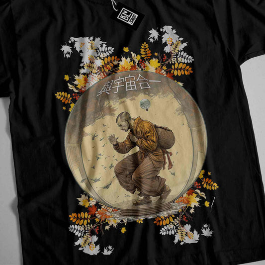 a black t - shirt with a picture of a man in a kimono