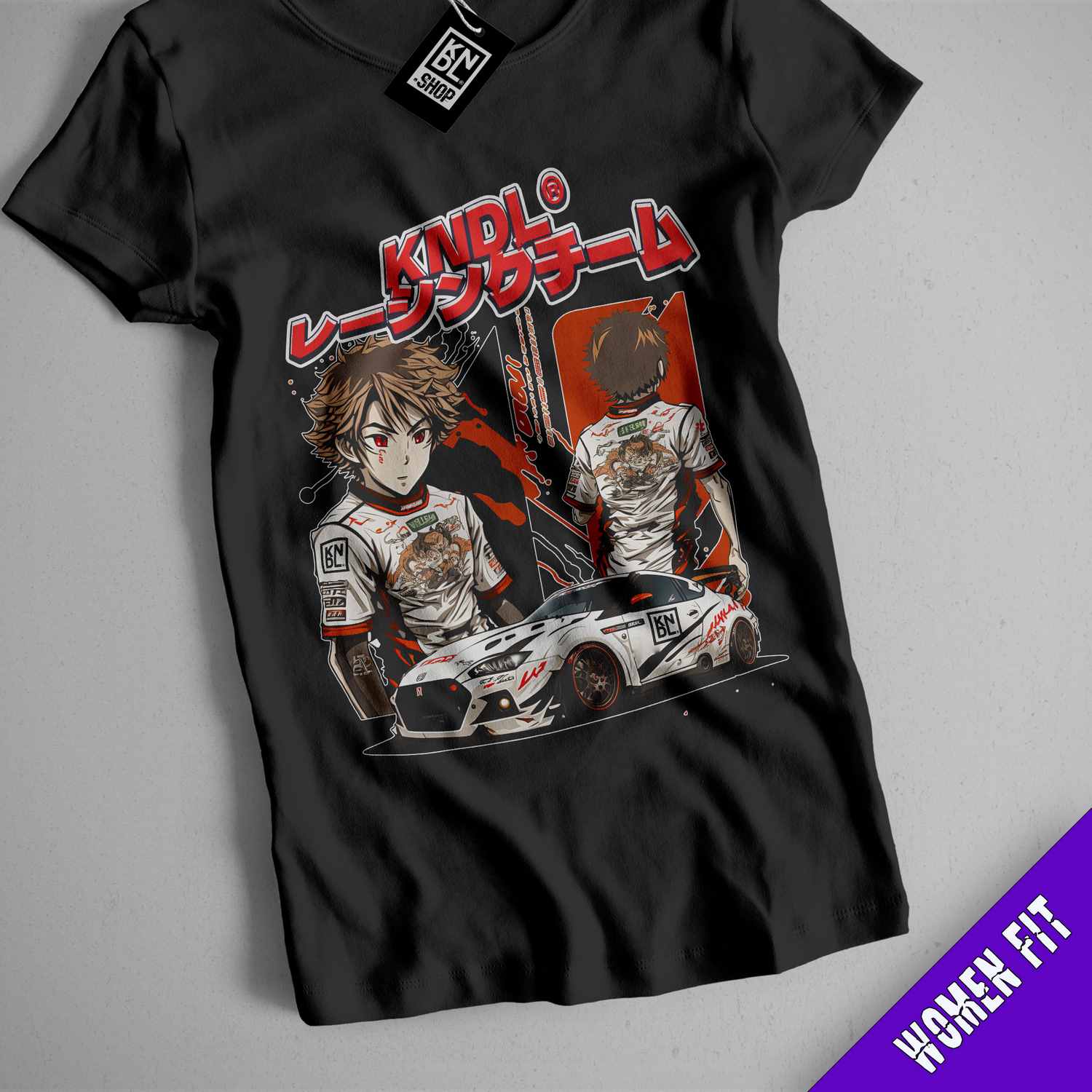 a t - shirt with a picture of two people in a race car