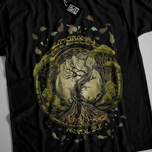a black t - shirt with a tree and leaves on it