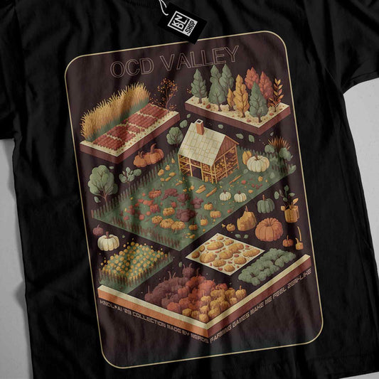 a black t - shirt with a picture of a farm